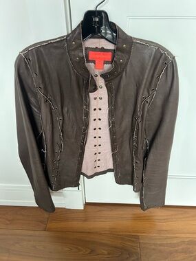 Brown Leather Eyelet-Trim Jacket
